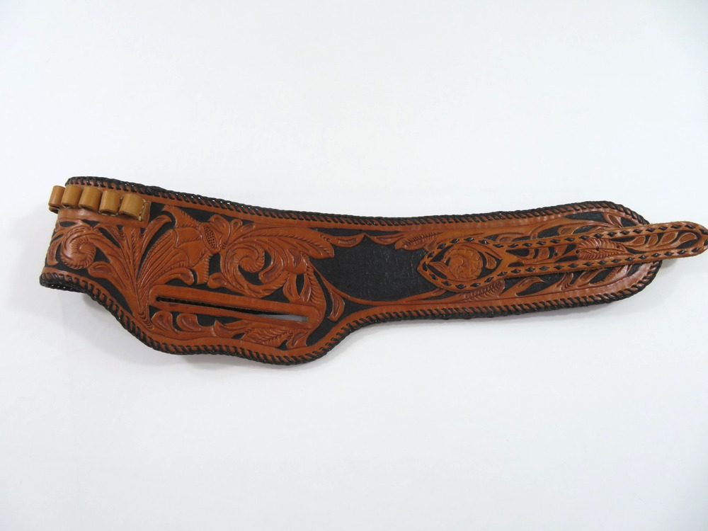 Tooled Leather Gun Ammo Belt Brown Black Vintage 1970s Western